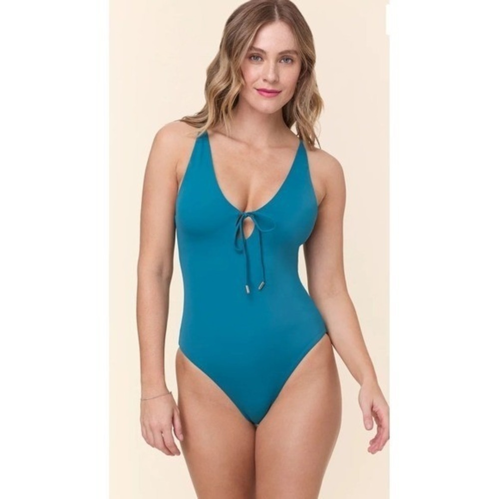 Andie Swim Sicily One Piece Swimsuit Ocean Blue Key Hole Tie Front Approx Small